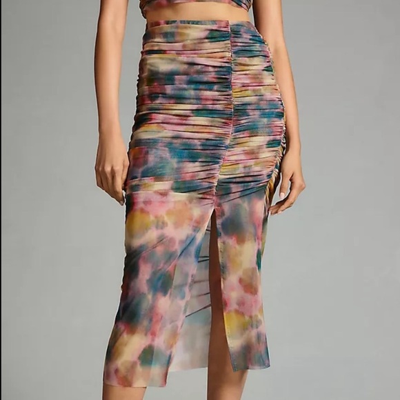 Anthropologie Slim Printed Ruched Midi Skirt Multicolor Mesh Y2K - Picture 1 of 7